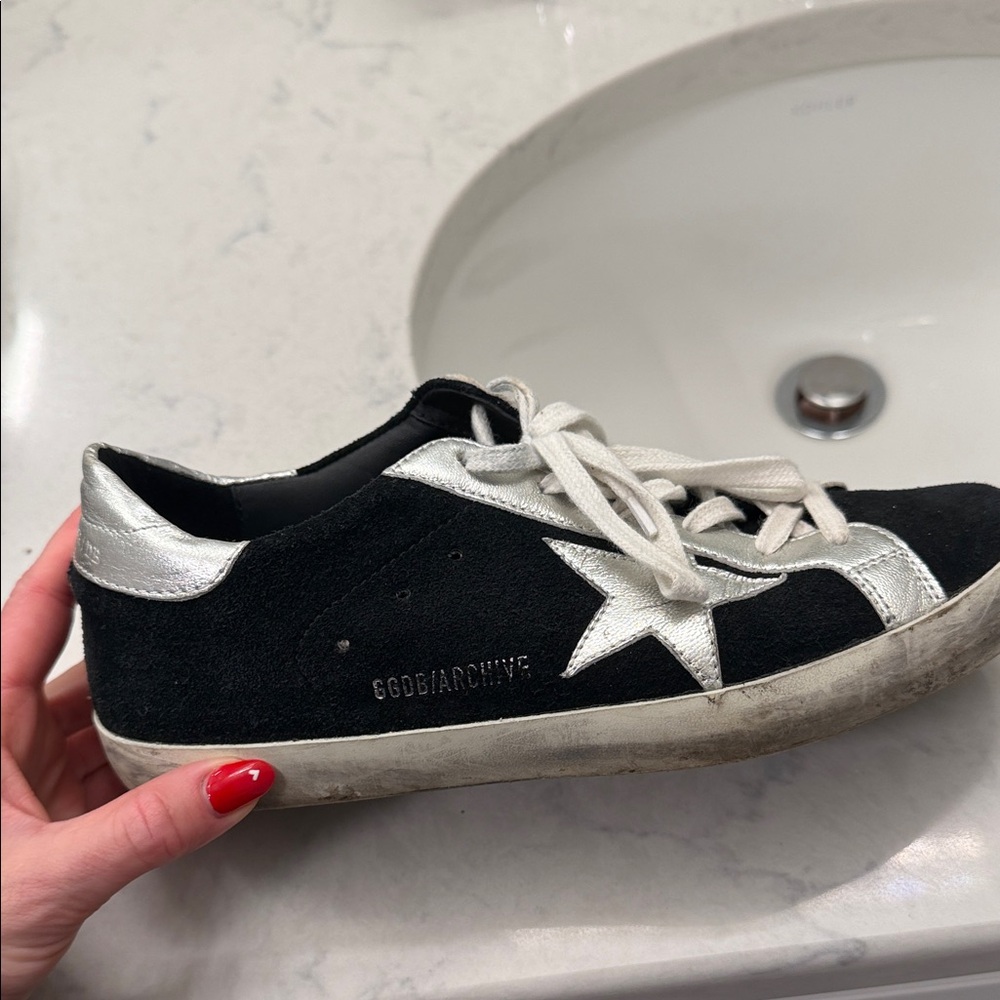 Golden Goose Inspired Black Suede Star Low-Top Sneakers with Silver Accents - Picture 1 of 3